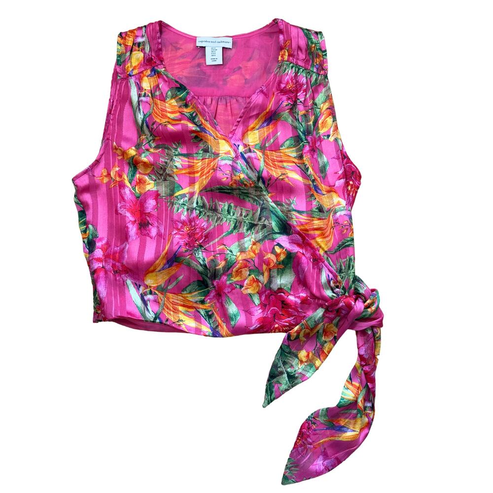 Cupcakes and Cashmere Blouse Size Small Tank Pink Tropical Floral Maximalist Tie